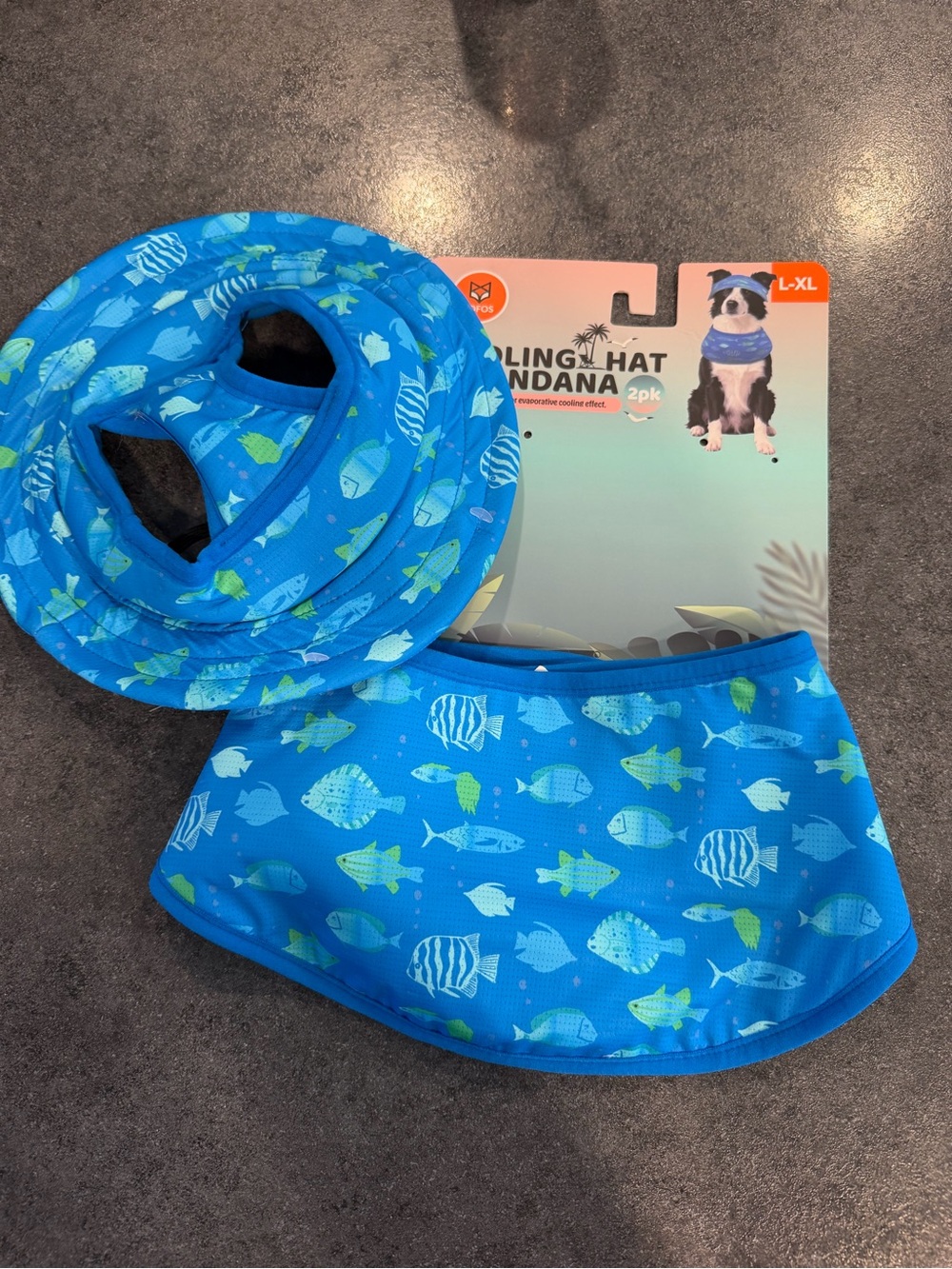 Blue Fish-Print Cooling Dog Bandana & Hat Set